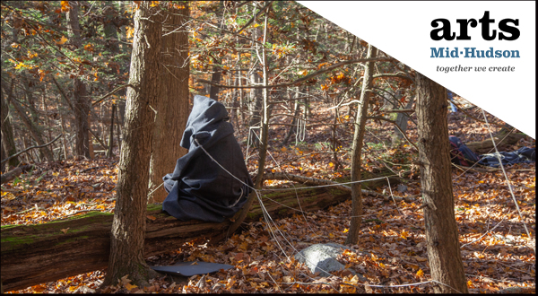 Program participant sitting on tree log in forest
