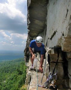 Rock Climber on a ledge surveying a Peregrine falcon eyrie.