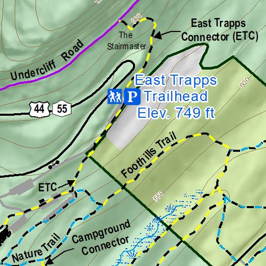 Topo map of Mohonk Preserve detailing trails near the East Trapps Trailhead.