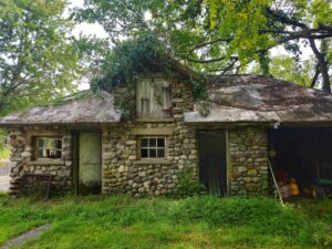 Historic stone outbuilding with weathered wooden doors, a metal roof, and vines growing across the structure, surrounded by grass and mature trees at Mohonk Preserve.